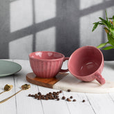 Ceramic Tea Coffee Cups with Handles (Set of 2)| Microwave Safe | Dishwash resistant | Scratch Resistant | Pink | H-3.5" D-3.5"