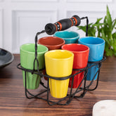 Ceramic Cutting Chai Cups Set of 6 | Tea Cups with stand | Microwave Safe Tea Cups| Plain Multi color | H-4" D-3"