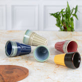 Ceramic Cutting Chai Cups Set of 6 | Tea Cups with stand | Microwave Safe Tea Cups| Exclusive Glazed Multi color | H-4" D-3"