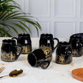 Ceramic Tea Coffee Mugs with Elegant Elephant Design Set of 6 | Microwave Safe | Dishwash resistant | Scratch Resistant | Black Gold | H-4.5" D-3"