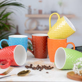 Ceramic Tea Coffee Mugs with Handles Diamond Dot design Colorful Set of 6| Microwave Safe | Dishwash resistant | Scratch Resistant | Multi color | H-4.5" D-3"