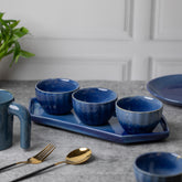 Ceramic Dessert Bowls Set of 3 with Platter Plate | Premium Serving Dishes | H-1" D-13" | Metallic Blue