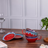 Red & Blue Elite Coffee Cups with Saucer ( Set of 2) | Unique Broad Mugs with Handle for Coffee, Soup| Red Blue | H-2.5" W-5.5"