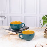 Elite Coffee Cups( Set of 2 ) | Unique Broad Mugs with Handle for Coffee| Green Brown | H-2.5" W-5.5"