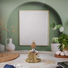 Elegant Sitting Buddha Idol Statue Showpiece for Home Decor Decoration and Gifting Gold Grey