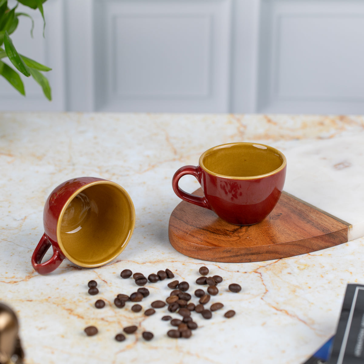 Ceramic Espresso cups (Set of 2)| Brown and burgundy