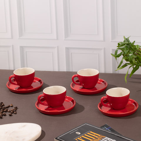 Ceramic Espresso Cups with Saucers (Set of 2) | Red and White