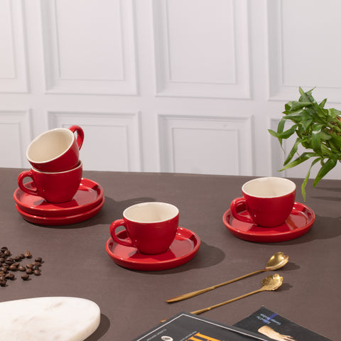 Ceramic Espresso Cups with Saucers (Set of 2) | Red and White