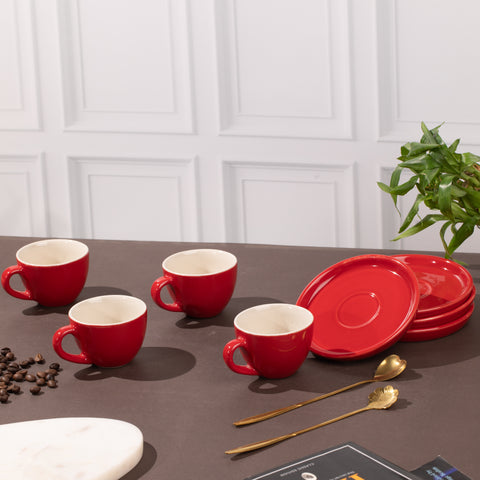 Ceramic Espresso Cups with Saucers (Set of 2) | Red and White