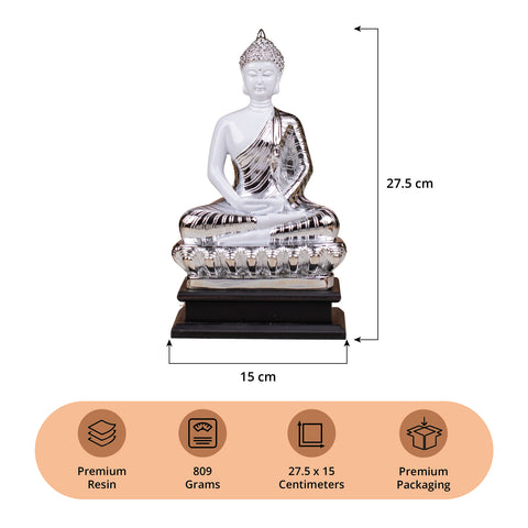 Elegant Sitting Buddha Idol Statue Showpiece for Home Decor Decoration and Gifting White Silver