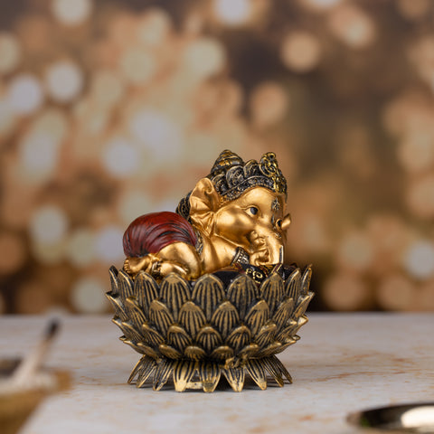 Sleeping Ganesh Figurine|Premium Resin Statue|Gold Color Statue| Packaged in Luxury Box|