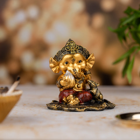 Sleeping Baby Ganesh with Modhak Figurine|Premium Resin Statue|Packaged in Luxury Box|Golden Blessing Statue|Home Decor