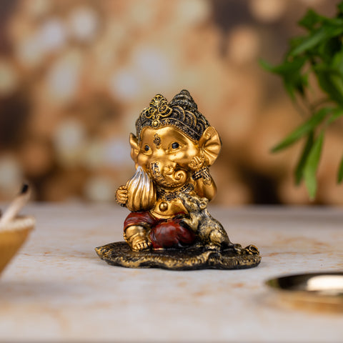 Sleeping Baby Ganesh with Modhak Figurine|Premium Resin Statue|Packaged in Luxury Box|Golden Blessing Statue|Home Decor