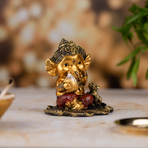 Sleeping Baby Ganesh with Modhak Figurine|Premium Resin Statue|Packaged in Luxury Box|Golden Blessing Statue|Home Decor