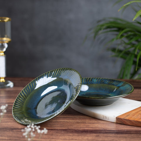 Premium Ceramic Pasta, Soup, and Snack Plates Half- Set of 2 | Microwave and Oven Safe | Dishwasher Safe | D - 7", H- 1" | Versatile Dining Essentials | Marble Green