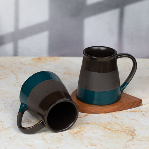 Handcarved and Handglazed Ceramic Tea Cups and Ceramic Coffee Mugs of 2 | Microwave Safe | Dishwasher Safe | Black Grey Blue | H-4" D-3.5"