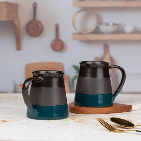 Handcarved and Handglazed Ceramic Tea Cups and Ceramic Coffee Mugs of 2 | Microwave Safe | Dishwasher Safe | Black Grey Blue | H-4" D-3.5"