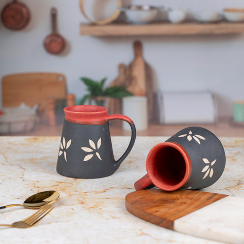 Handcarved and Handglazed Ceramic Tea Cups and Ceramic Coffee Mugs of 2 | Microwave Safe | Dishwasher Safe | Brown and Black with Leafs | H-4" D-3.5"