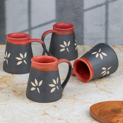 Handcarved and Handglazed Ceramic Tea Cups and Ceramic Coffee Mugs of 2 | Microwave Safe | Dishwasher Safe | Brown and Black with Leafs | H-4" D-3.5"