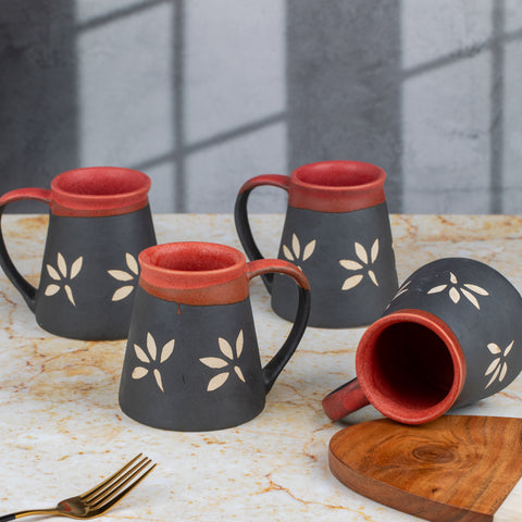 Handcarved and Handglazed Ceramic Tea Cups and Ceramic Coffee Mugs of 2 | Microwave Safe | Dishwasher Safe | Brown and Black with Leafs | H-4" D-3.5"