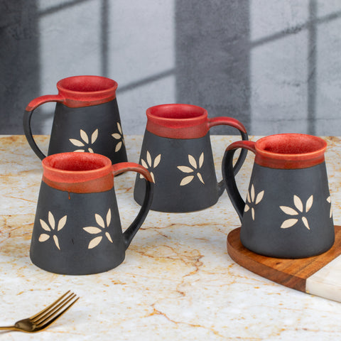 Handcarved and Handglazed Ceramic Tea Cups and Ceramic Coffee Mugs of 2 | Microwave Safe | Dishwasher Safe | Brown and Black with Leafs | H-4" D-3.5"