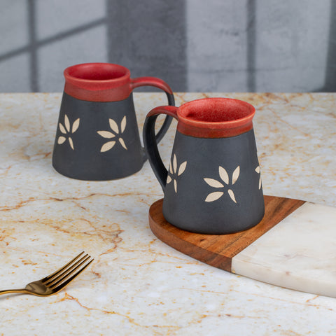 Handcarved and Handglazed Ceramic Tea Cups and Ceramic Coffee Mugs of 2 | Microwave Safe | Dishwasher Safe | Brown and Black with Leafs | H-4" D-3.5"