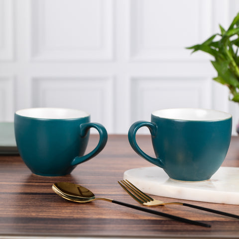 Ceramic Tea Coffee Mugs with Handles Set of 2 | Microwave Safe | Dishwash resistant | Scratch Resistant | Elegant Green In-color White | H-3.5" D-3.5"