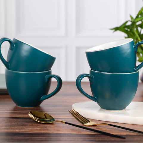 Ceramic Tea Coffee Mugs with Handles Set of 2 | Microwave Safe | Dishwash resistant | Scratch Resistant | Elegant Green In-color White | H-3.5" D-3.5"