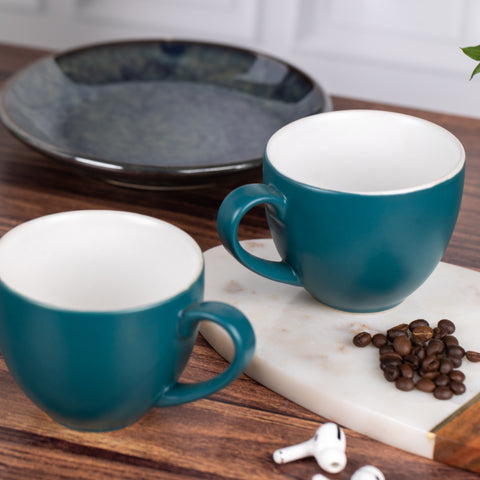 Ceramic Tea Coffee Mugs with Handles Set of 2 | Microwave Safe | Dishwash resistant | Scratch Resistant | Elegant Green In-color White | H-3.5" D-3.5"