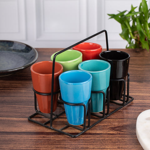 Ceramic Cutting Chai Cups Set of 6 | Tea Cups with stand | Microwave Safe Tea Cups| Plain Multi color | H-4" D-3"