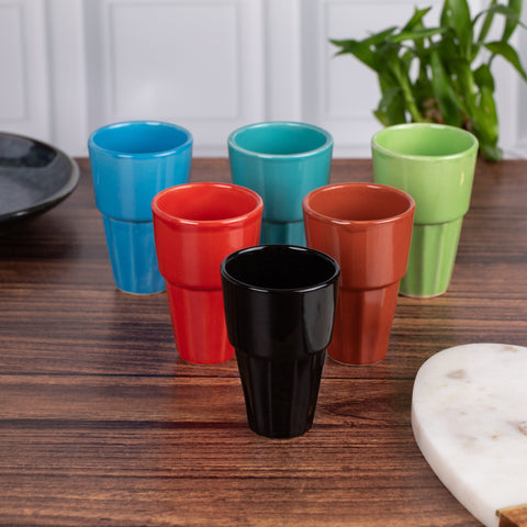 Ceramic Cutting Chai Cups Set of 6 | Tea Cups with stand | Microwave Safe Tea Cups| Plain Multi color | H-4" D-3"