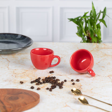 Ceramic Tea Coffee Espresso Cups with Handles (Set of 2) | Microwave Safe | Dishwash resistant | Scratch Resistant | Red | H-3.5" D-3.5"