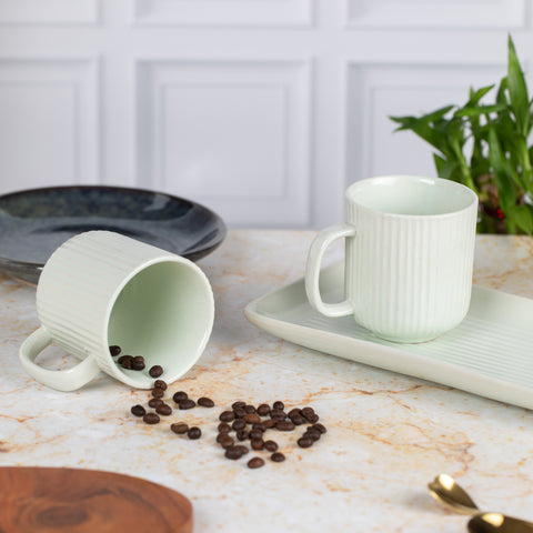 Tea Coffee Mugs with Serving Platter Set of 2 Cups | Microwave Safe | Dishwash resistant | Scratch Resistant | Pastel Green | H-4.5" D-3"