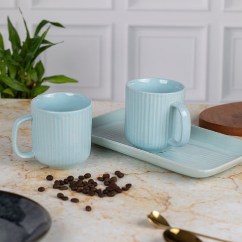 Blue Pastel Tea Coffee Mugs with Serving Platter Set of 2 Cups | Microwave Safe | Dishwash resistant | Scratch Resistant | Pastel Blue | H-4.5" D-3"