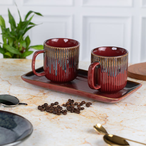 Ceramic Tea Coffee Mugs with Serving Platter Set of 2 Cups | Microwave Safe | Dishwash resistant | Scratch Resistant | Maroon |H-4.5" D-3"