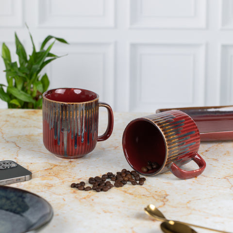 Ceramic Tea Coffee Mugs with Serving Platter Set of 2 Cups | Microwave Safe | Dishwash resistant | Scratch Resistant | Maroon |H-4.5" D-3"