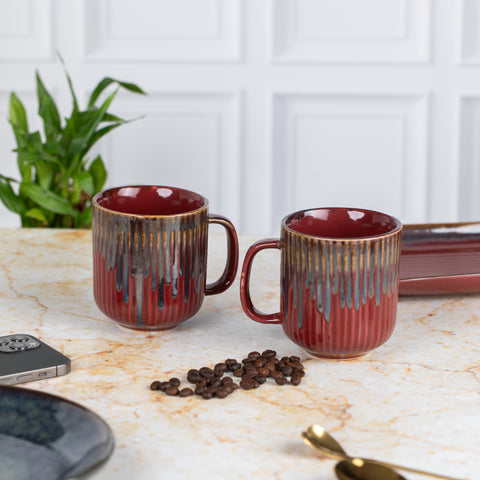 Ceramic Tea Coffee Mugs with Serving Platter Set of 2 Cups | Microwave Safe | Dishwash resistant | Scratch Resistant | Maroon |H-4.5" D-3"