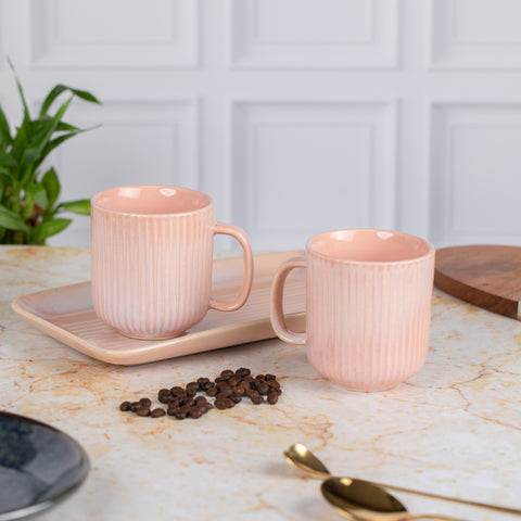 Pastel Tea Coffee Mugs with Serving Platter Set of 2 Cups | Microwave Safe | Dishwash resistant | Scratch Resistant | Pastel Pink | H-4.5" D-3"