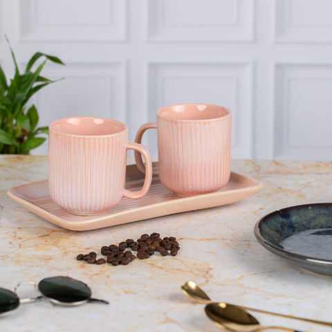 Pastel Tea Coffee Mugs with Serving Platter Set of 2 Cups | Microwave Safe | Dishwash resistant | Scratch Resistant | Pastel Pink | H-4.5" D-3"