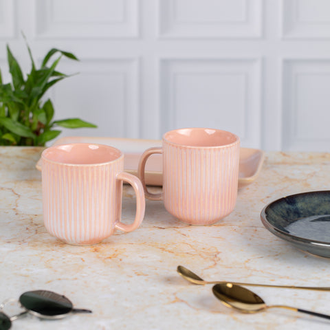 Pastel Tea Coffee Mugs with Serving Platter Set of 2 Cups | Microwave Safe | Dishwash resistant | Scratch Resistant | Pastel Pink | H-4.5" D-3"