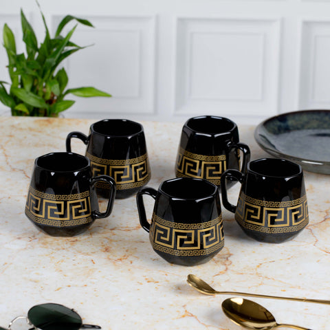 Ceramic Tea Coffee Mugs with Elite Design with Handles Set of 5 | Microwave Safe | Dishwash resistant | Scratch Resistant | Black Gold | H-4.5" D-3"