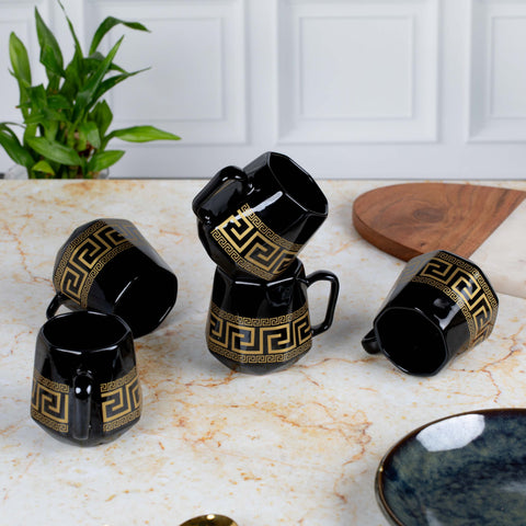 Ceramic Tea Coffee Mugs with Elite Design with Handles Set of 5 | Microwave Safe | Dishwash resistant | Scratch Resistant | Black Gold | H-4.5" D-3"