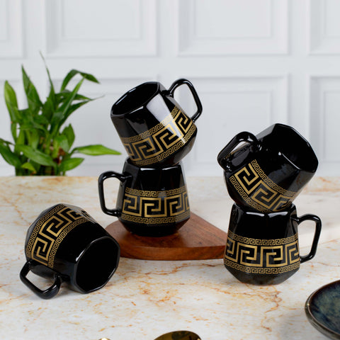 Ceramic Tea Coffee Mugs with Elite Design with Handles Set of 5 | Microwave Safe | Dishwash resistant | Scratch Resistant | Black Gold | H-4.5" D-3"