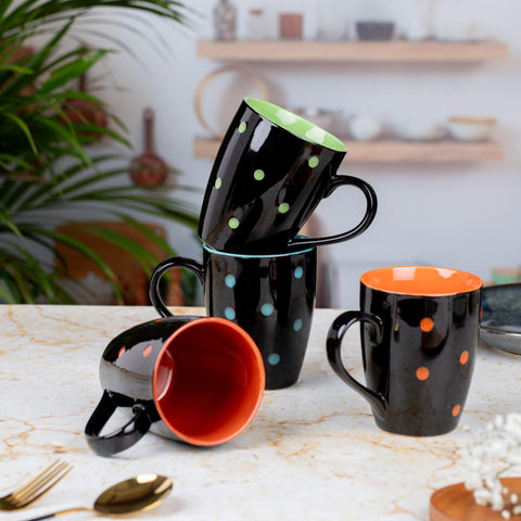 Ceramic Tea Coffee Mugs with Colorful Dots Set of 4| Microwave Safe | Dishwash resistant | Scratch Resistant | Black In-Multicolour | H-4.5" D-3"