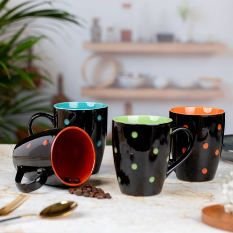 Ceramic Tea Coffee Mugs with Colorful Dots Set of 4| Microwave Safe | Dishwash resistant | Scratch Resistant | Black In-Multicolour | H-4.5" D-3"