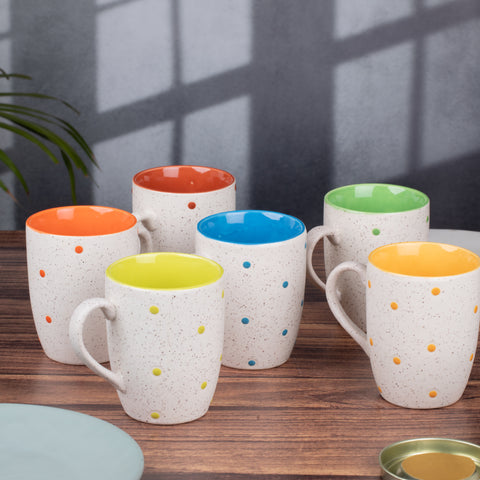 Ceramic Tea Coffee Mugs with Colorful Dots Set of 6 | Microwave Safe | Dishwash resistant | Scratch Resistant | In-Multicolour | H-4.5" D-3"