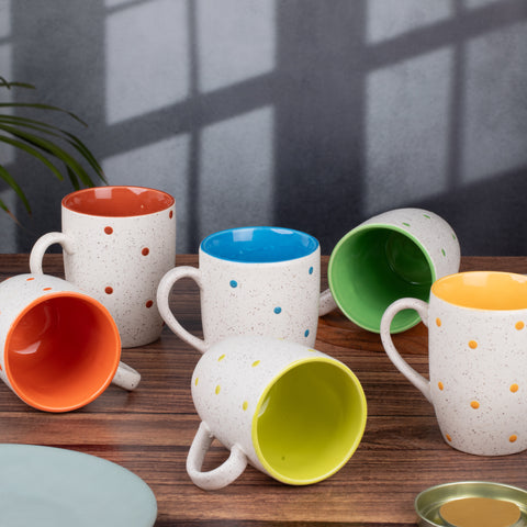 Ceramic Tea Coffee Mugs with Colorful Dots Set of 6 | Microwave Safe | Dishwash resistant | Scratch Resistant | In-Multicolour | H-4.5" D-3"