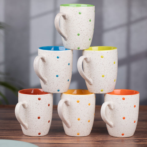 Ceramic Tea Coffee Mugs with Colorful Dots Set of 6 | Microwave Safe | Dishwash resistant | Scratch Resistant | In-Multicolour | H-4.5" D-3"