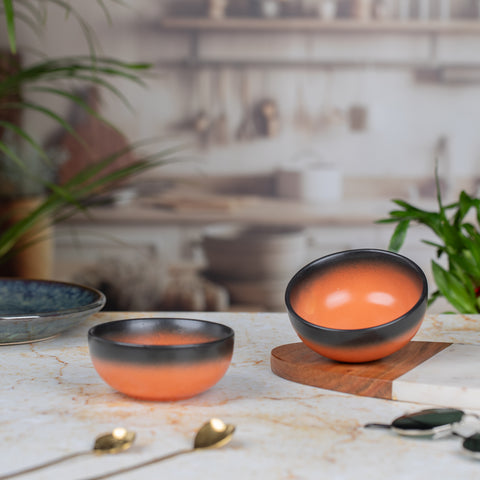 Ceramic Dessert Bowls Set of 2 | Premium Serving Dishes | H-2" D-4" | Orange Black