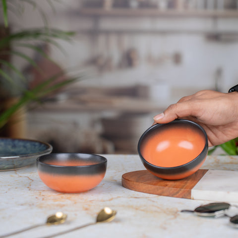 Ceramic Dessert Bowls Set of 2 | Premium Serving Dishes | H-2" D-4" | Orange Black